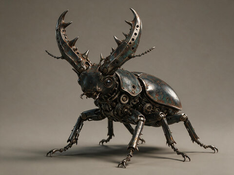 Mechanical steampunk stag beetle with large metal horns. Rusty robotic insect with exposed gears and armor. Dark biomechanics 3D concept