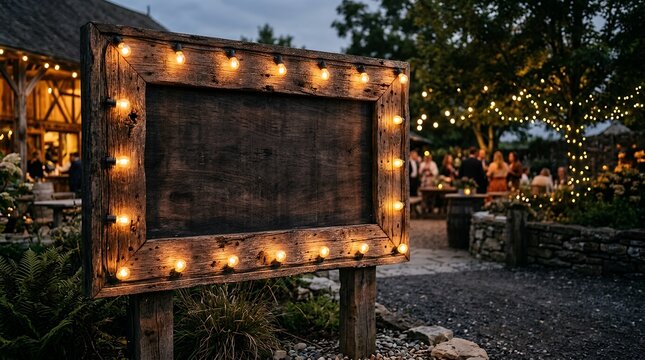 Rustic Wooden Signboard Screen Frame Adorned with Glowing Illumination Bulbs Background billboard wooden wood sign signboard bulbs lights lighting glowing illuminate illuminated frame banner vintage