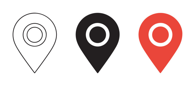Three minimalist circular map pin location markers in outline black and red design templates.