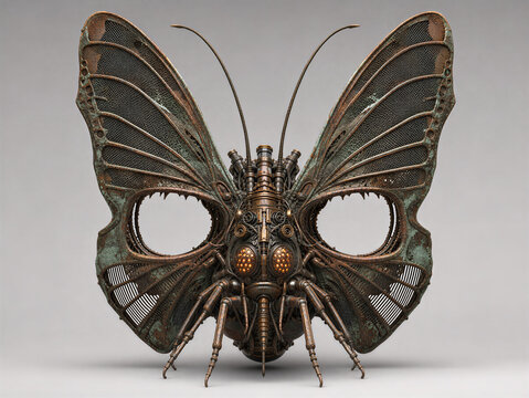 Mechanical butterfly with rusty metal wings and glowing eyes. Symmetrical steampunk insect robot. Dark biomechanical 3D concept of futuristic wildlife