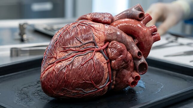 Human heart on a black medical tray