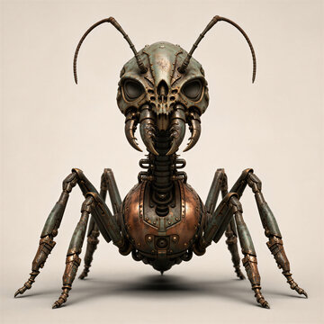 Mechanical ant robot with rusty metal body and mandibles. Symmetrical steampunk insect with skull-like face. Dark biomechanical 3D concept of futuristic bug