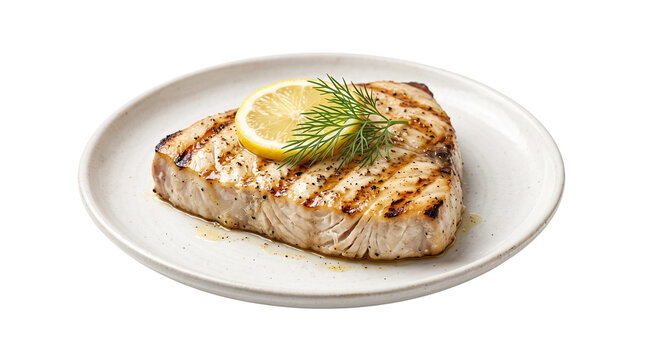 Grilled tuna steak with lemon and dill. Seared fish fillet on white plate. Healthy seafood meal isolated on white background.