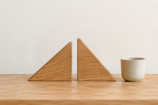 Two identical triangular bookends in row on oak desk with ceramic cup, minimalist desk organization concept