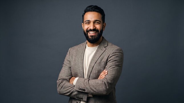 Happy business man CEO looking at camera. Smiling confident 30 years old mature professional businessman executive manager or entrepreneur standing at gray office wall background.
