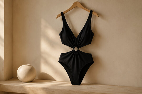 Black cutout monokini on wooden hanger with ceramic sphere, minimalist swimwear fashion concept