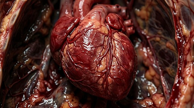 Anatomical human heart inside chest cavity