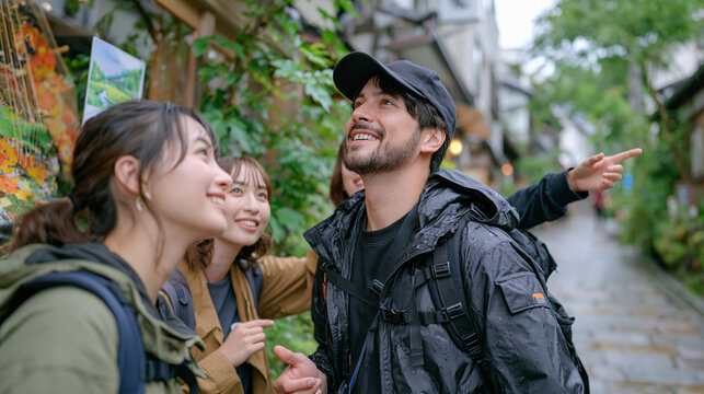 An interior designer walking rain-soaked cobblestone streets with a group of collaborators, all gesturing toward a shopfront window, traditional Japanese koto visible in the display they are referen