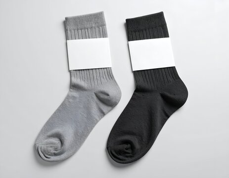 Two casual crew socks, gray and black, with white paper bands, shot against a neutral background
