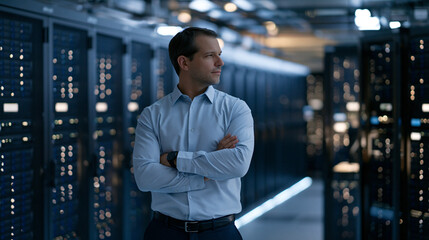 Fototapeta premium A database management specialist stands in a server farm under harsh midday sun pouring through a glass roof, genomic medicine personalized treatment billboards visible through