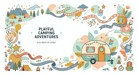 Fototapeta premium A playful camping-themed vector frame featuring cute illustrations of camper van, tents, foxes, and nature elements.