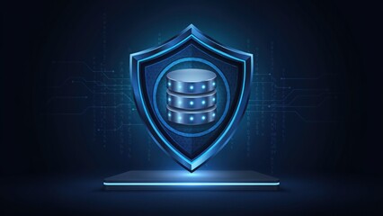 Fototapeta premium A glowing blue shield protecting a three-layered database server symbol, set against a dark digital background, with circuit lines