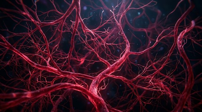 Red blood vessel network on dark background