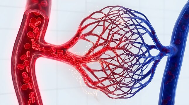 Blood vessel network showing red blood cell circulation
