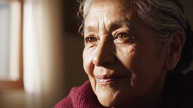 Gradual camera movement toward an elderly woman's face. Senior female portrait illuminated by soft window light capturing delicate highlights in her eyes. Aging and reflection concept