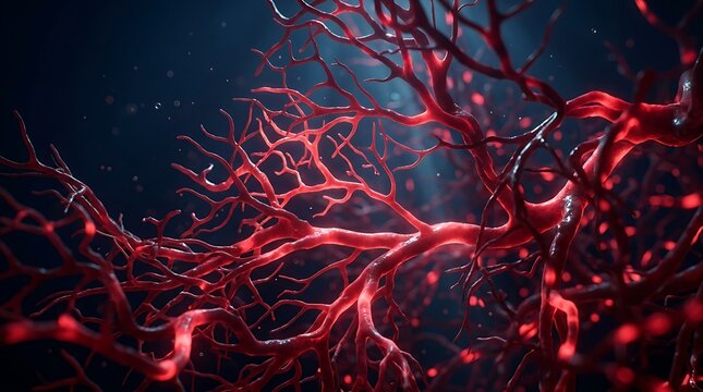 Red branching blood vessel network with glowing particles