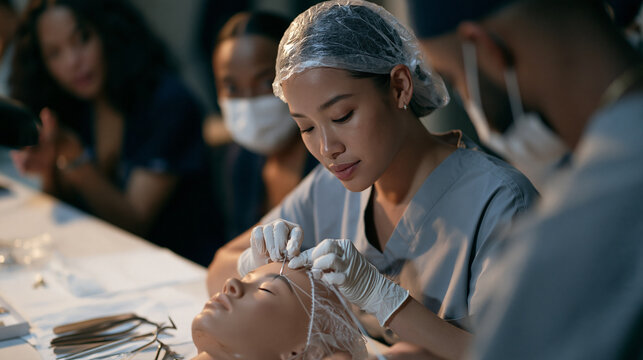 Brow shaping tools arranged on a hospital break room table as a veteran in scrubs practices threading technique on a training mannequin head, teammates observing with encouraging