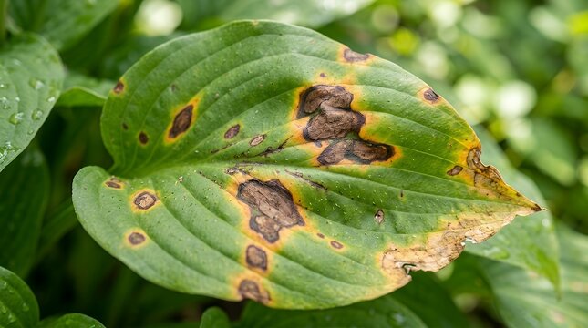 Macro perspective of lush plant foliage exhibiting natural discoloration brown blight spots and signs of decay green leaves yellow brown spots leaf plant natural detail foliage discoloration disease
