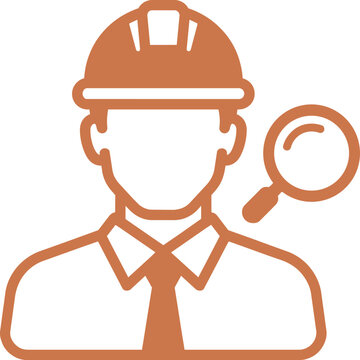Orange engineer icon with hard hat and magnifying glass on transparent background.