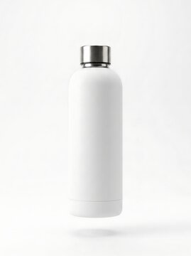 White Matte Thermos Water Bottle Floating on White Background