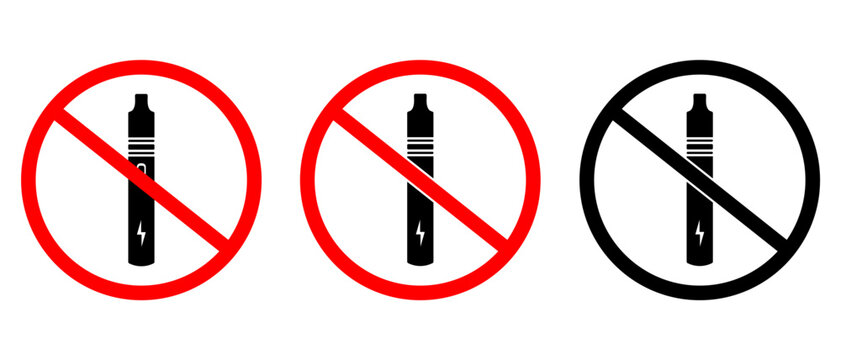 Vape Prohibited Sign Icon Set, No Vaping and Electronic Cigeratte Ban Symbol In Red and Black