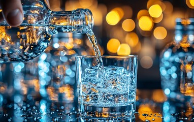 Pouring clear liquor into rocks glass with ice on bar.