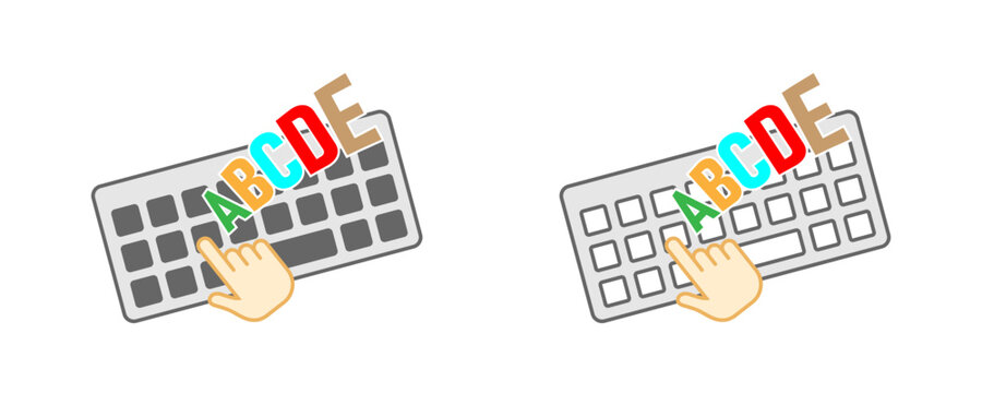 Hand pressing keys on a keyboard with colorful letters ABCDE. A cartoon hand is shown interacting with a keyboard, with colorful letters A, B, C, D, and E displayed prominently above the keys