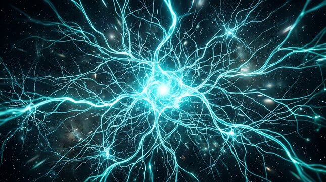 Blue glowing neural network in space