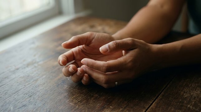 Cupped hand on wooden table