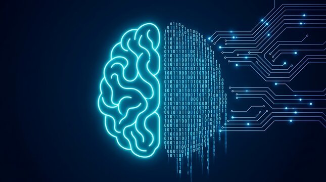 Digital brain with binary code and circuit board