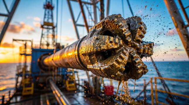 Drilling rig with a drill bit extracting oil from offshore platform at sunset. Petroleum extraction, energy production, and gas exploration on a marine with steel pipe equipment.