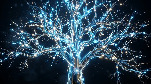 Digital circuit tree with glowing blue lines