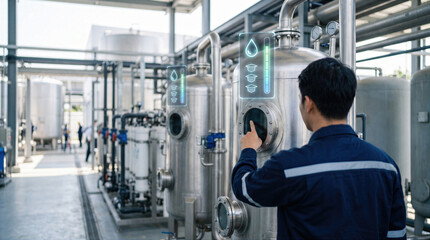 Fototapeta premium Engineer inspects water treatment equipment with digital interface displaying purification levels. Industrial filtration plant with tanks, pipes, and smart monitoring technology for quality control.