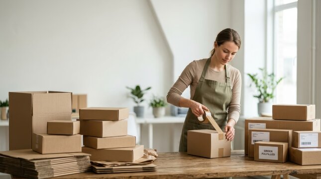 Young woman in a green apron sealing a cardboard shipping box with packing tape in a bright, organized studio workspace. Multiple parcels and fulfillment labels on a wooden table.