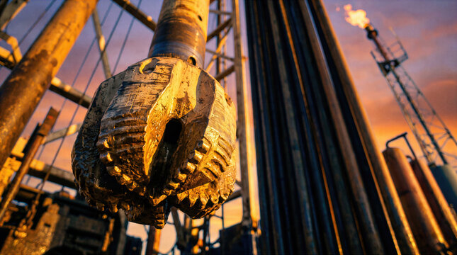 Drilling bit hangs from a rig against a sunset sky with a gas flare burning, symbolizing oil, energy, and petroleum extraction industry operations.