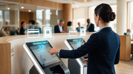 Fototapeta premium Businesswoman interacts with a digital transaction kiosk in a modern bank lobby, viewing credit and security options for a smart financial service experience.