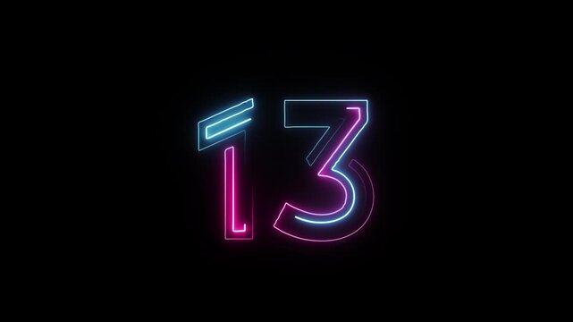 Number 13 in neon style, neon number with transparent background, thirteen