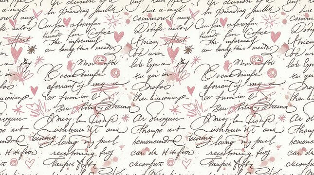Retro Vintage Handwritten Cursive Script Seamless Pattern Featuring Illegible Abstract Calligraphy Text and Messy Pink Scribble Doodle Elements on White Background handwritten cursive script vintage