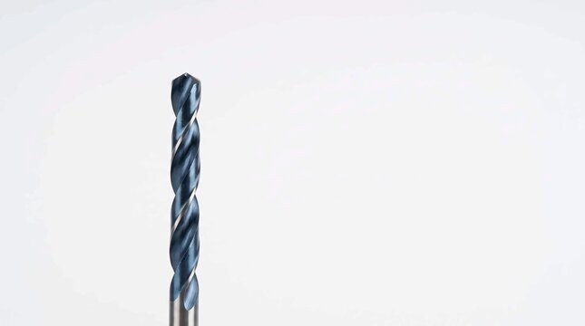 Industrial metal drill bit featuring sharp spiral flutes and dark cobalt coating isolated against a clean white studio light background