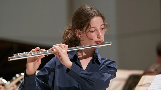 jeune fl&ucirc;tiste concentr&eacute;e jouant de la fl&ucirc;te traversi&egrave;re lors d'un concert
