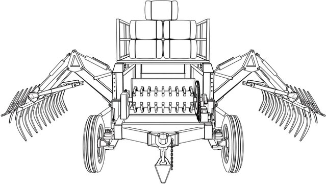 Agricultural hay tedder machine white background.