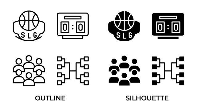 Basketball Tournament Graphics: A collection of graphic icons representing a basketball tournament, featuring team logos, scoreboards, and tournament brackets in both outline and silhouette styles.