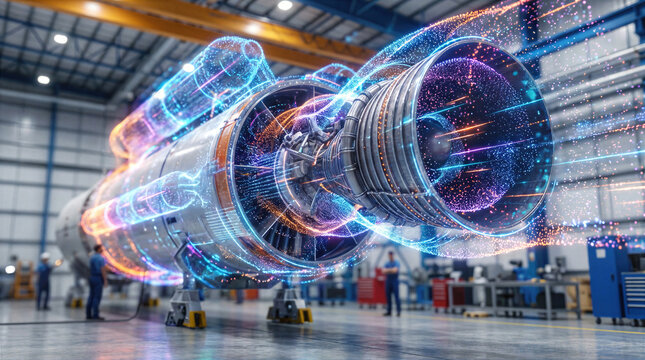 Aerospace engineering and rocket propulsion technology merge as engine undergoes analysis inside a manufacturing hangar. Digital data streams and particle visualization overlay the turbine