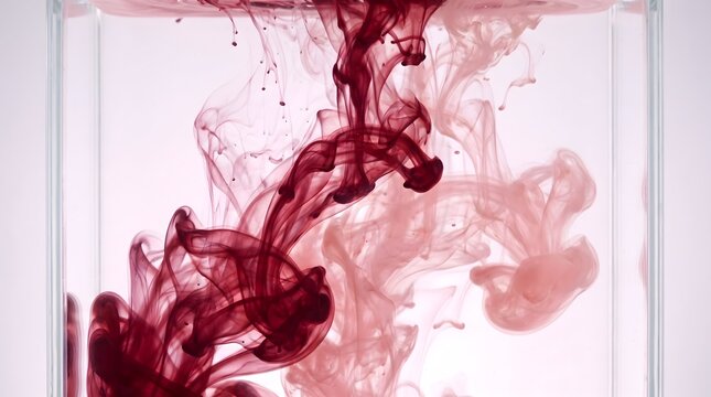Red and pink ink diffusing in clear water to create abstract clouds