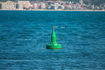 a bright green navigational buoy bobs in the rippling blue sea, set against a distant backdrop of a sprawling coastal resort town. © Andrey