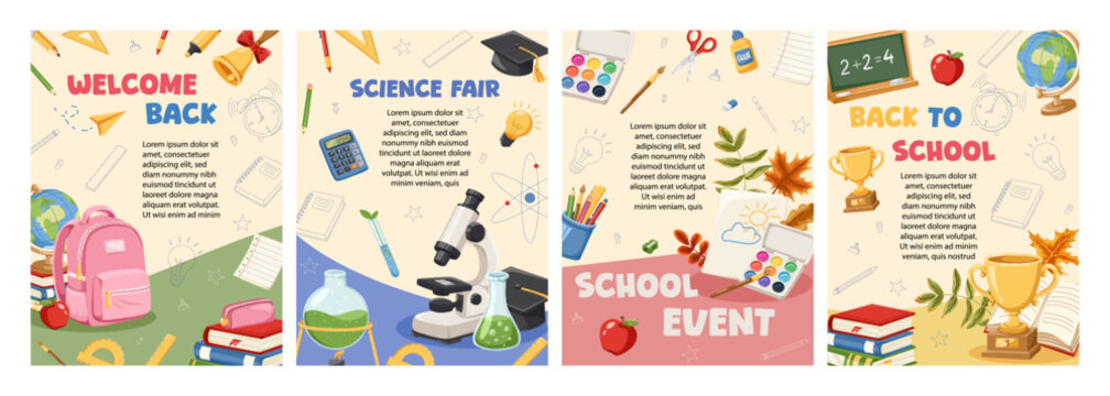 Back to school welcome posters set with books, school supplies. Education banner collection for students, print, flyer, website, cards. Vector hand drawn cartoon illustration for your design