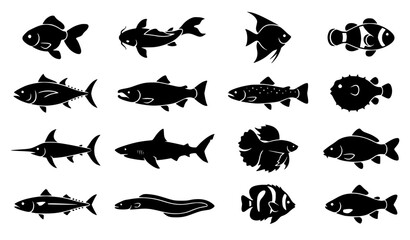 Obraz premium Fish Icon Vector Collection in Bold Glyph Style with Tropical Freshwater Seafood and Marine Fish Silhouettes