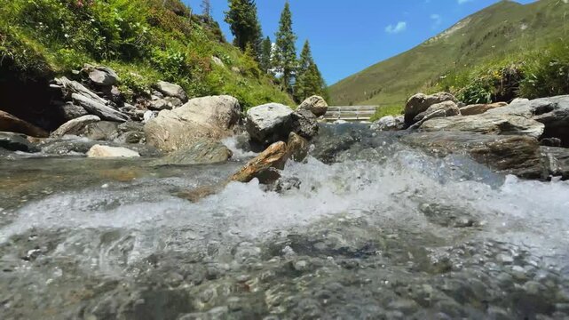 Pure Mountain Stream Flowing Over Rocks in Austrian Alps, Koenigsleiten, Salzachgeier, Summer.