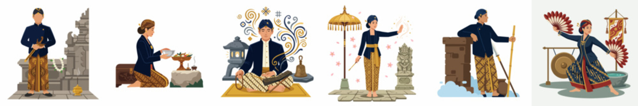 Collection of illustrations showcasing traditional Indonesian culture, Javanese and Balinese dancers, rituals, and ethnic costumes in a modern flat design style.