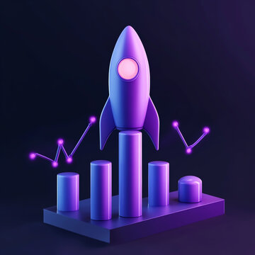 Purple rocket launch standing on bar chart pillars representing business growth and startup success with financial graph investment growth neon light